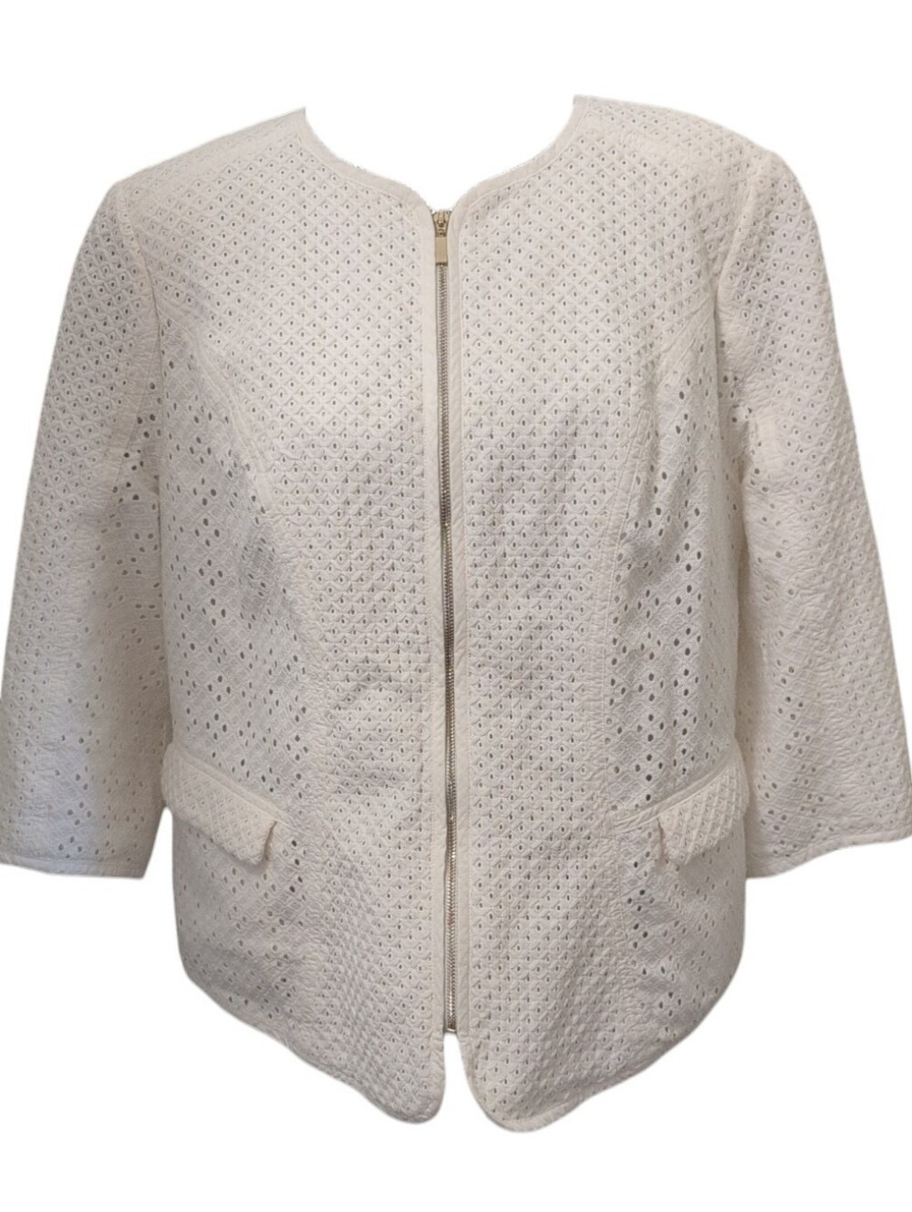 Chico's Black Label Perforated Zip Front Jacket White Cotton Pockets Size XL